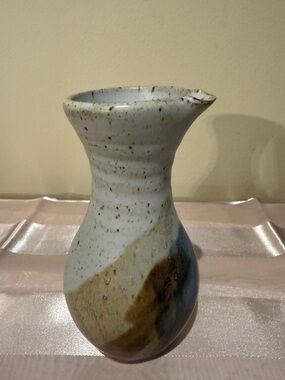 Vintage Signed Studio Pottery Stoneware Pitcher Vase Blue & Brown Abstract Glaze